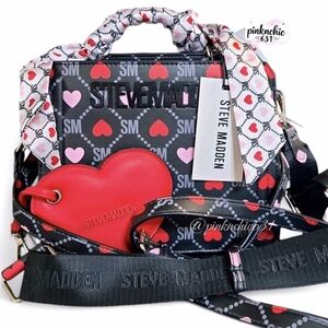 Steve Madden Bevelyn Hearts Black and Pink Satchel Crossbody Handbag Purse